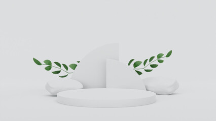 white podium Natural beauty pedestal on background with plant branches,leaves,pebbles and natural stones.Mock up for the exhibitions,presentation of products, therapy, relaxation and health. 3d