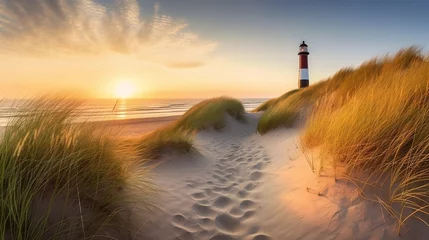 Fototapeten Showcasing the serene and picturesque beach scene on the island of Sylt, Germany, capturing the pristine white sand, rolling waves of the North Sea, and a majestic lighthouse © Marvin