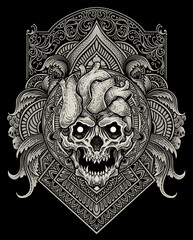 Illustration of heart skull with vintage engraving ornament in back perfect for your business and Merchandise