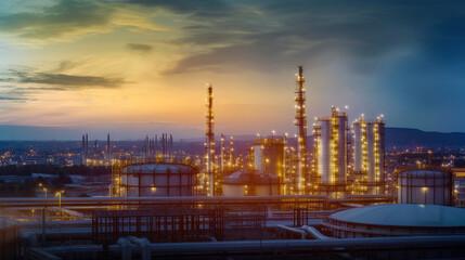 Fototapeta na wymiar Oil refinery with oil storage tank and industrial background of petrochemical plant at twilight, Aerial view of oil and gas refinery at twilight. Generative AI