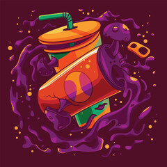 floating coke illustration poster. summer poster coke design. coke design in can and cup floating.