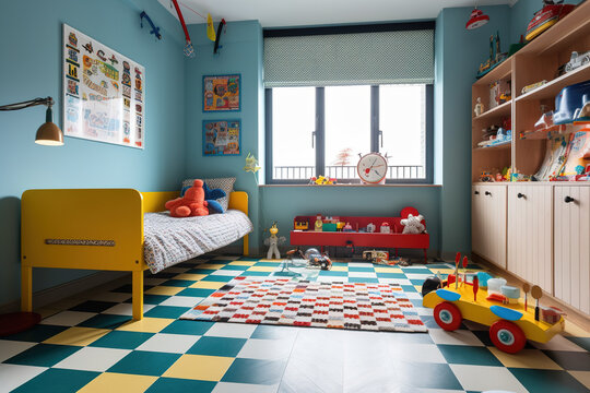 A cool pop art-inspired children's room with bright, flashy toys and retro furniture. Generative AI