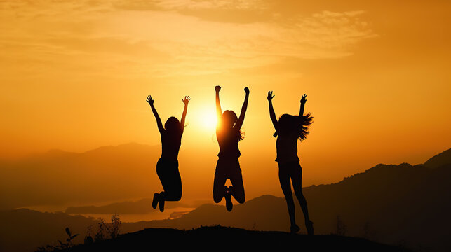 Silhouette of three girls jumping in the air on a mountain above the clouds at sunset or sunrise. Generative AI
