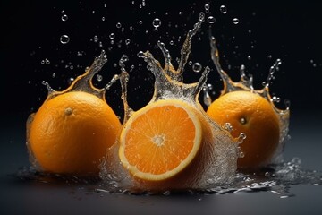 Fototapeta na wymiar Oranges in splashes of water. Generative AI