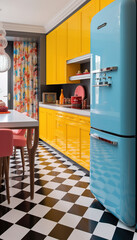 A cool pop-art inspired kitchen with bright, eye-catching appliances and retro furnishings. Generative AI