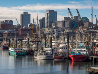 Fototapeta na wymiar Fishing Boats in a Busy Harbor in the City | Generative AI