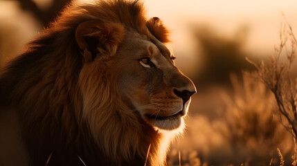 Wildlife photography. Close-up shot of a majestic lion basking in the sun on the African savannah.