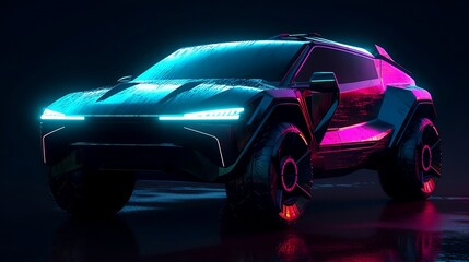 Glossy, metallic, neon, contrast Cybertruck is built with an exterior shell made for ultimate durability and passenger protection. Generative AI