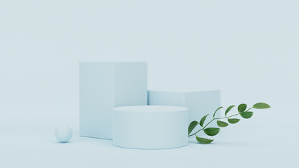Pastel colour podium made on  background with plant branches,leaves,pebbles and natural stones.Mock up for the exhibitions,presentation of products, therapy, relaxation and health. 3d render.