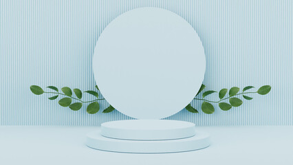 Pastel colour podium made on  background with plant branches,leaves,pebbles and natural stones.Mock up for the exhibitions,presentation of products, therapy, relaxation and health. 3d render.