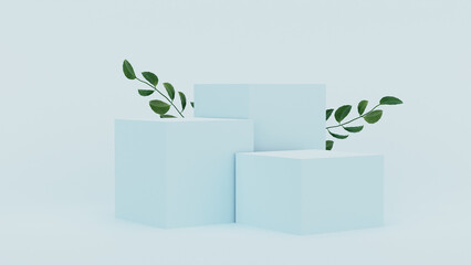 Pastel colour podium made on  background with plant branches,leaves,pebbles and natural stones.Mock up for the exhibitions,presentation of products, therapy, relaxation and health. 3d render.