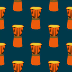 Seamless pattern with illustration of musical instrument drum in cutting style orange color on dark blue background