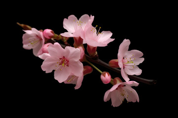 Naklejka na ściany i meble Beautiful spring cherry blossom sakura in pastel pink colors and black background, selective depth of field, AI generated.