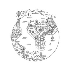 Earth Planet Colouring Book. Vector Illustration of Outline Travel and Ecology Concept.