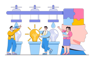 Brainstorming, finding and generating new solutions concept. Business people characters maturing ideas form of light bulb. Outline design style minimal vector illustration for landing page