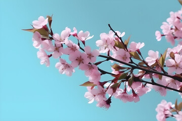 Beautiful spring cherry blossom sakura in pastel pink colors and blue background, selective depth of field, AI generated.