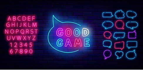 Good game neon sign. Colorful handwritten text. Speech bubbles frames set. Shiny pink font. Vector illustration