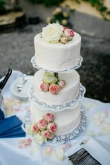 Delicious three-tiered white and pink wedding cake decorated with delicate pink roses on the top