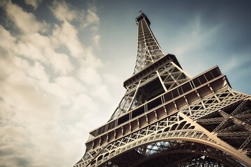 Low angle view of Eiffel tower in Paris on a sunny day. Generative AI