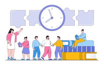 Educator teaching children to acquire knowledge from books concept. Play and communication at recess. Outline design style vector illustration for landing page, web banner, infographics, hero images