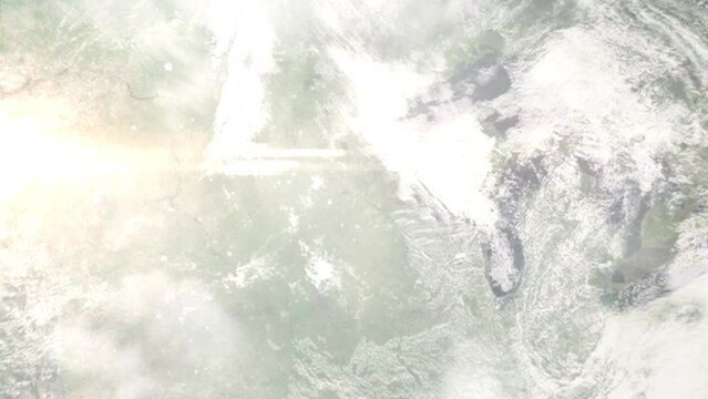 Earth zoom in from outer space to city. Zooming on Apple Valley, Minnesota, USA. The animation continues by zoom out through clouds and atmosphere into space. Images from NASA