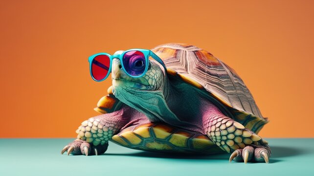 Turtle animal wearing stylish cool sunglasses over vibrant colorful pain isolated background. Generative AI