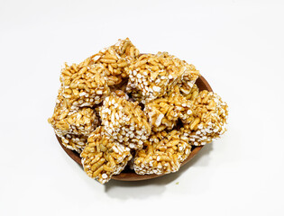 Rice popcorn or brondong, a traditional Indonesian food made from rice coated with sweet brown sugar