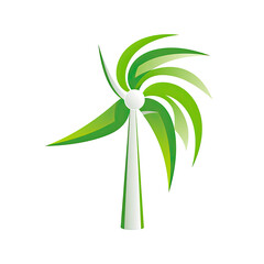 wind mill, green leaves, green energy logo
