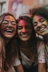 Fototapeta premium Generation Z friends having fun in festival of colors, covered with colorful powders and having fun. Generative AI vertical shot