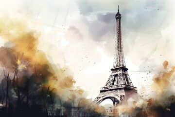 Watercolor postcard of Eiffel tower with copy space for text. Generative AI