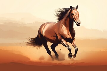 Fototapeta na wymiar Digital art of wild horse running in rural area. Watercolor style. Generative AI