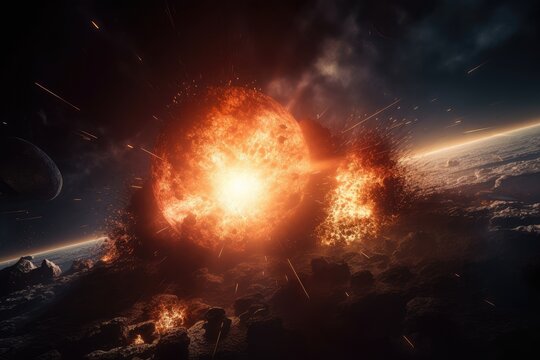 sun, with view of multiple explosions and their after-effects on the surrounding space, created with generative ai