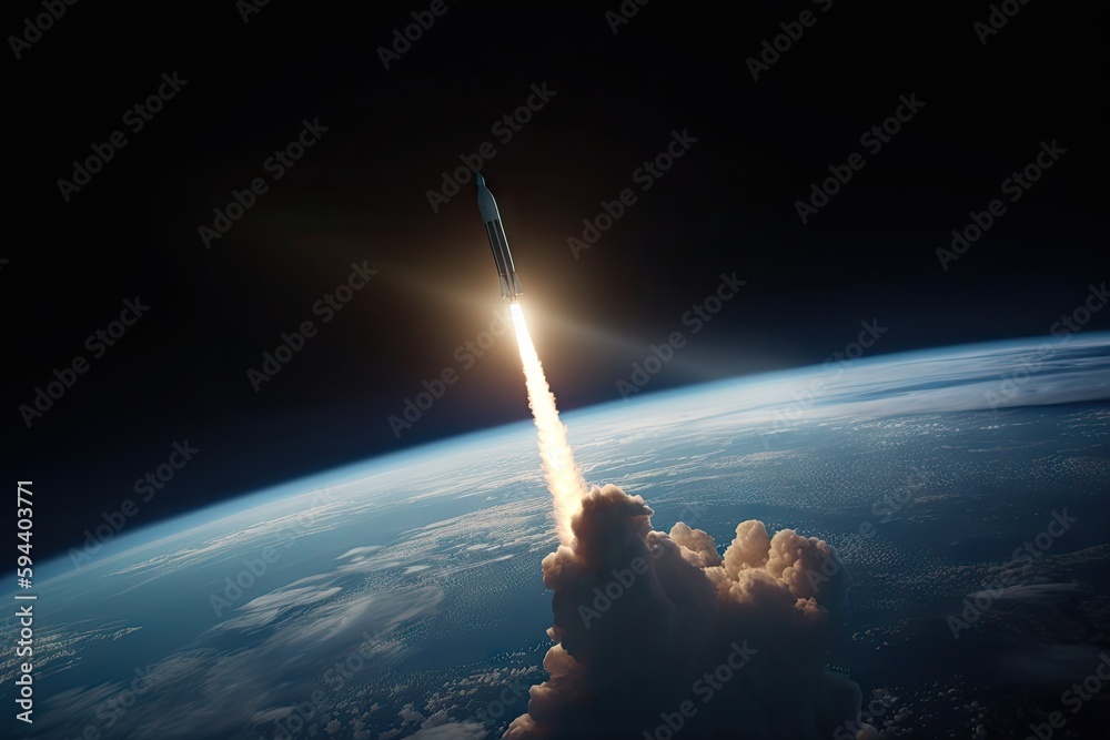 Wall mural view of the earth, with rocket launch visible in the sky, created with generative ai
