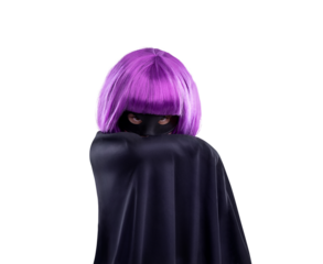 Superhero, portrait and girl child in costume playing on isolated, transparent and png background. Face, mask and kid in cape for halloween, theme or fantasy cosplay, fun and cool, creative and pose