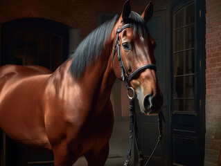 Elegant horse portrait on black background. Beautiful lonely horse