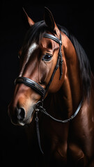 Fototapeta na wymiar An elegant brown horse in the studio in front of black background