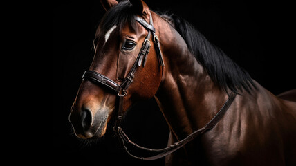 Fototapeta premium Elegant horse portrait on black background. Beautiful lonely horse