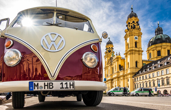 Munich, Germany - February 18: typical historic Volkswagen bus in the old town of munich on February 18, 2023