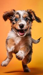 Little puppy dog is running and jumping. Cute playful braun puppy playing in studio background. 
