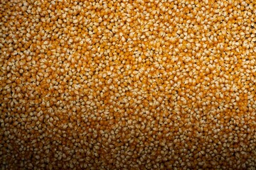 Top view of a wooden table scattered with corn kernels