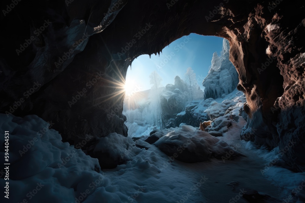 Wall mural frozen cavern, with view of distant sun or moon shining through the entrance, created with generative ai