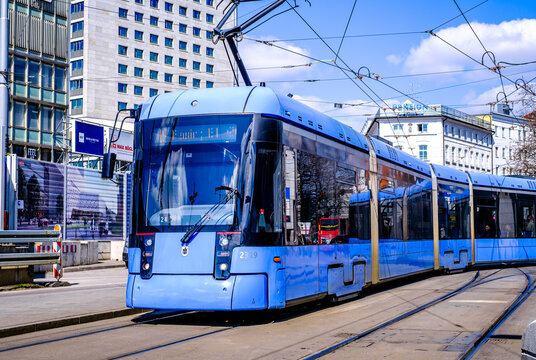 Munich, Germany - April 5: typical electric tram at the old town of Munich on April 5, 2023