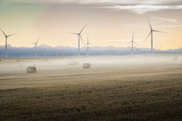 Windmill scene on a prairie landscape overlooking round hay bales with morning fog and distant Canadian Rocky Mountains near Pincher Creek Alberta Canada.