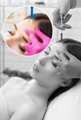 Cosmetologist makes rejuvenating anti wrinkle injections on the face of a beautiful woman. Female...