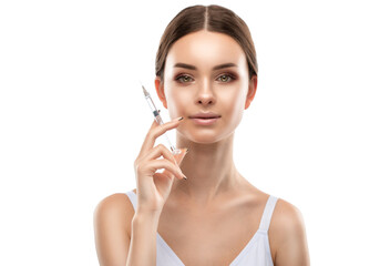 Rejuvenating anti wrinkle injections on the face of a beautiful woman in a yellow blouse. Female...