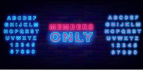 Fototapeta premium Members only neon label on brick wall. Luminous turquoise alphabet. Vector stock illustration