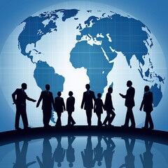 Business people walking on map of globe background, generative AI