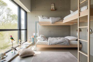 Bunk beds in kid's bedroom in modern design home with toys. Generative AI.