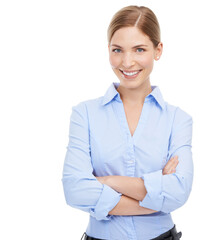 Business woman, portrait and smile with arms crossed for success, pride and career. Professional female, executive leader and happy for motivation and goal isolated on transparent, png background
