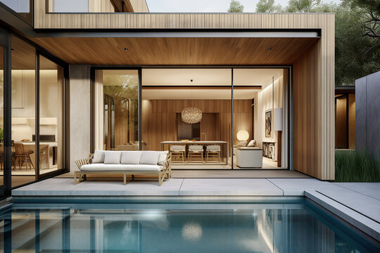 Architecture image of luxury modern design pool and home. Generative AI.